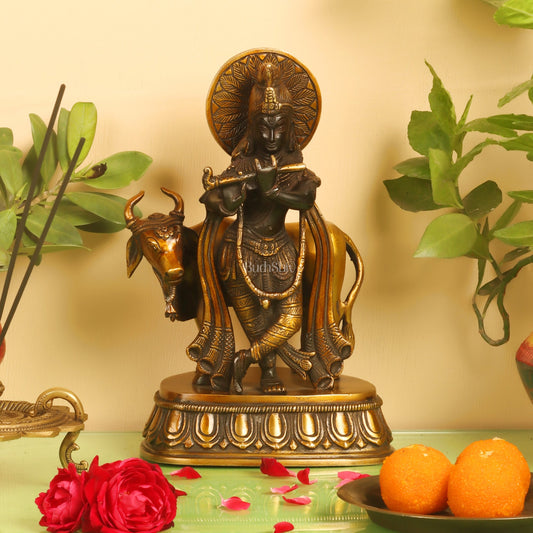 Divine Brass Statue of Lord Krishna with Cow | Black and Golden Finish | 9" Height - Budhshiv.com