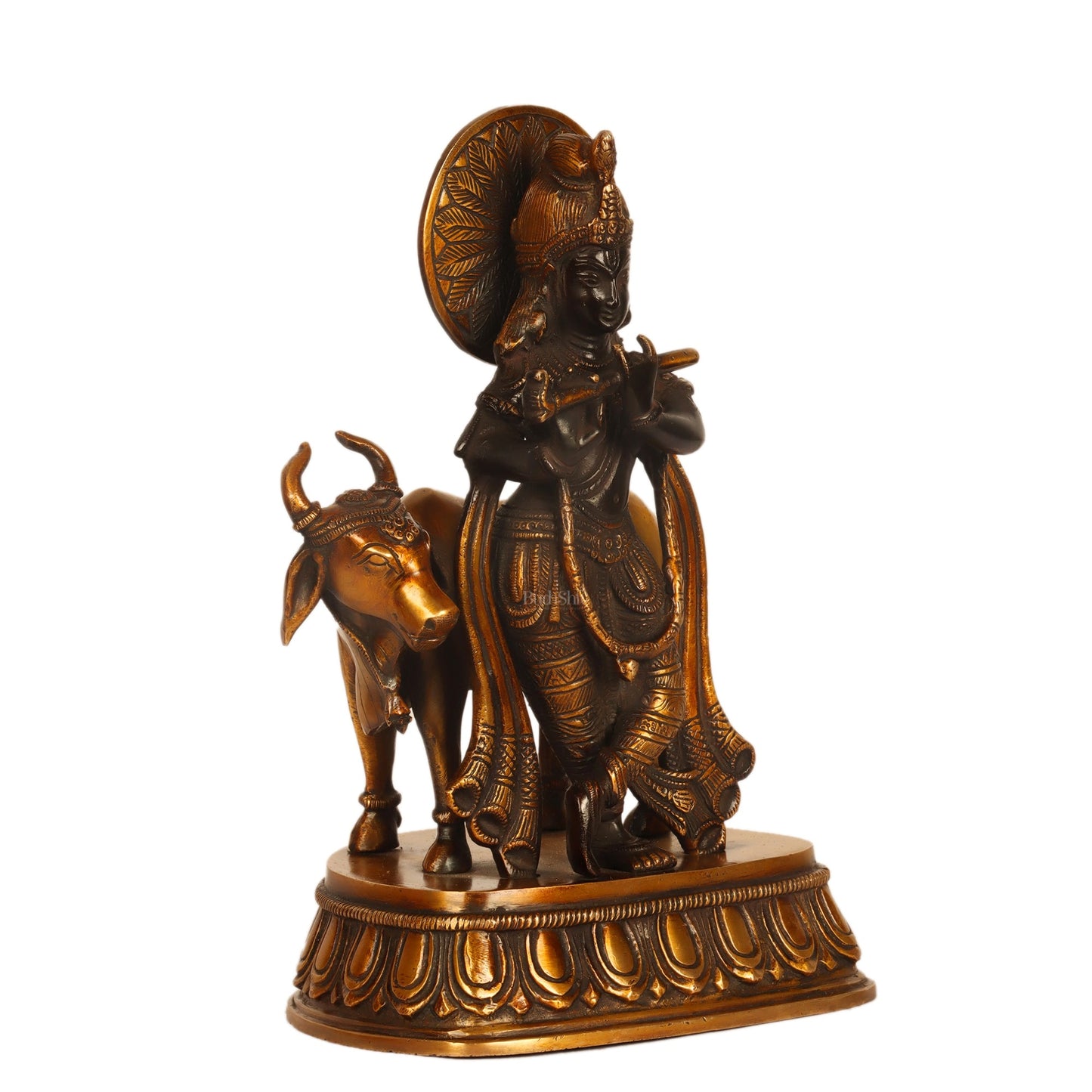 Divine Brass Statue of Lord Krishna with Cow | Black and Golden Finish | 9" Height - Budhshiv.com