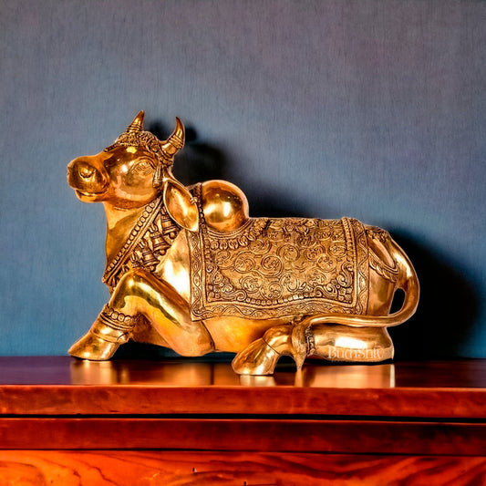 Divine Brilliance: Handcrafted Brass Nandi Idol - 14.5" Height, 21" Width - Budhshiv.com