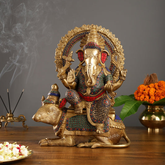 Divine Ganesha on Big Mouse Brass Statue - 16 inch - Budhshiv.com