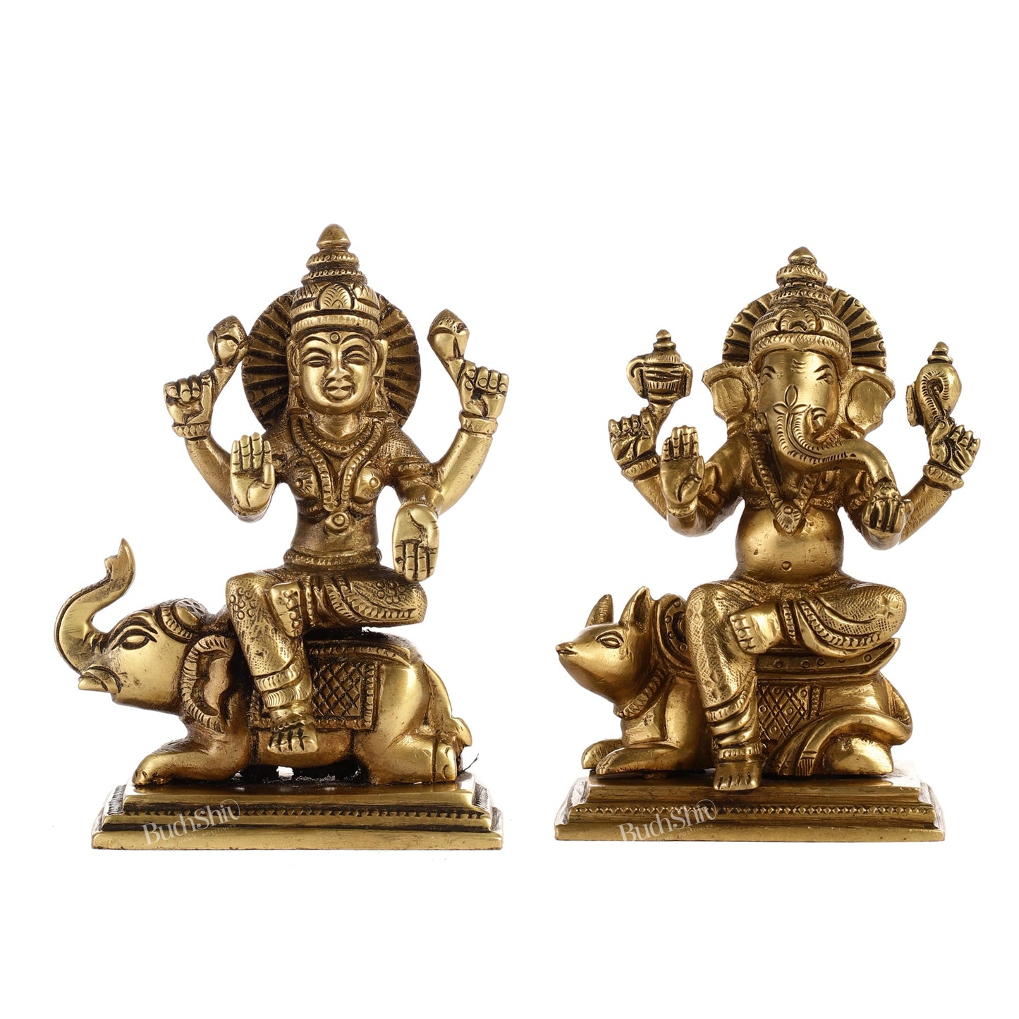 Divine Ganesha on Mouse and Lakshmi on Elephant Idols Pair | Height 5 inch - Budhshiv.com