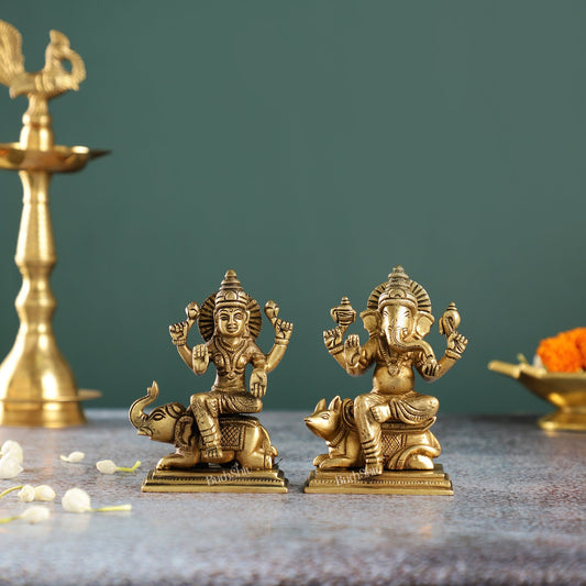 Divine Ganesha on Mouse and Lakshmi on Elephant Idols Pair | Height 5 inch - Budhshiv.com