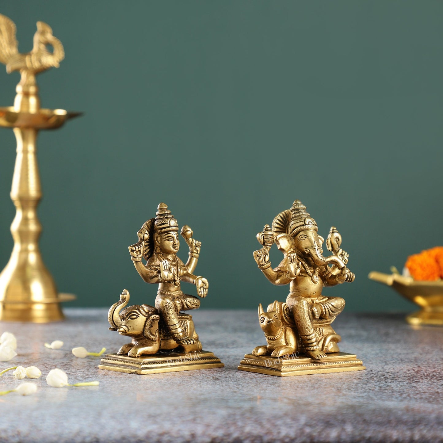 Divine Ganesha on Mouse and Lakshmi on Elephant Idols Pair | Height 5 inch - Budhshiv.com