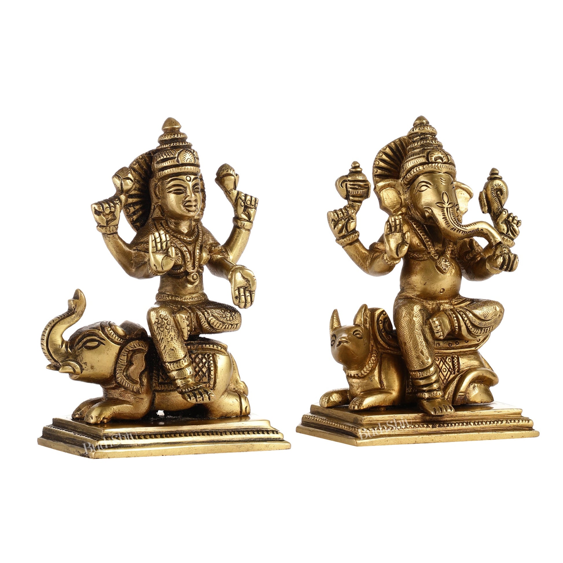 Divine Ganesha on Mouse and Lakshmi on Elephant Idols Pair | Height 5 inch - Budhshiv.com