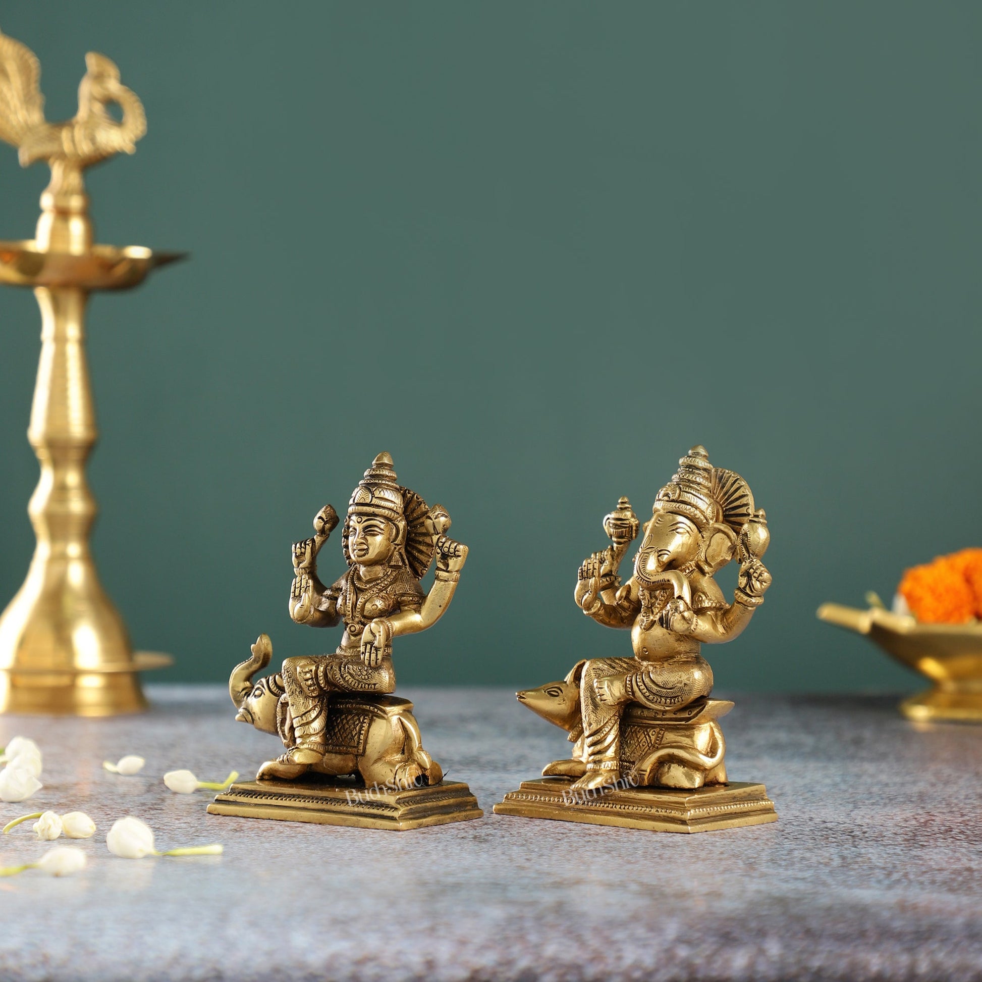 Divine Ganesha on Mouse and Lakshmi on Elephant Idols Pair | Height 5 inch - Budhshiv.com