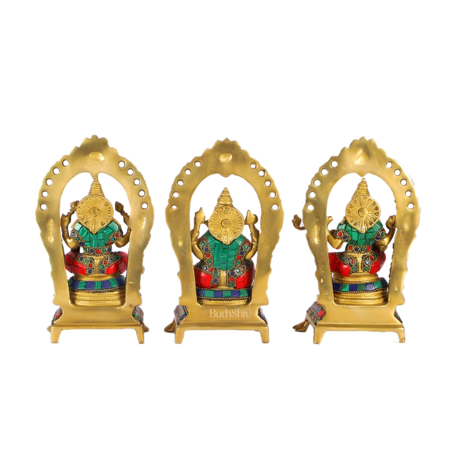 Divine Ganesha with Lakshmi and Saraswati - Handcrafted Brass Statues - 8" - Budhshiv.com