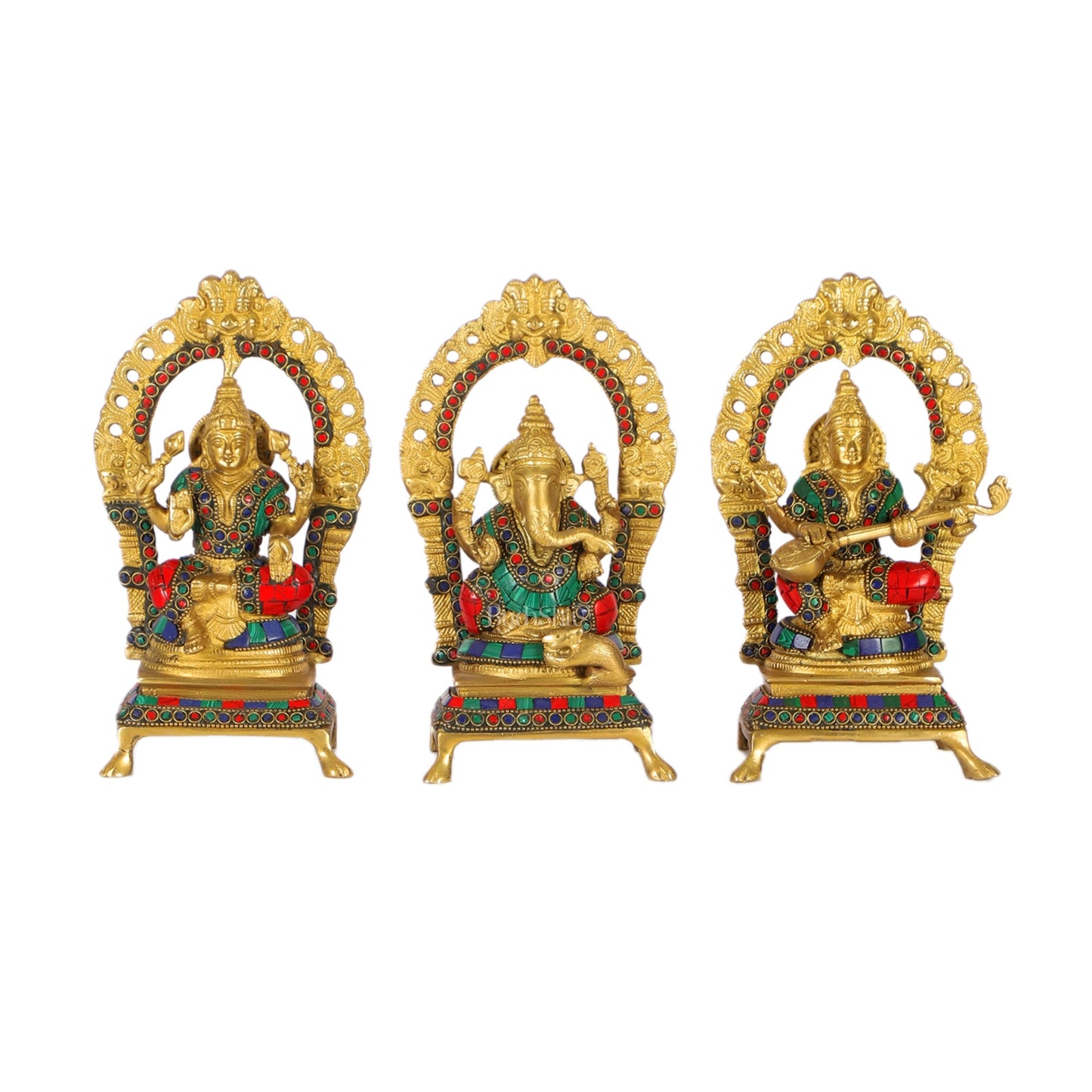 Divine Ganesha with Lakshmi and Saraswati - Handcrafted Brass Statues - 8" - Budhshiv.com