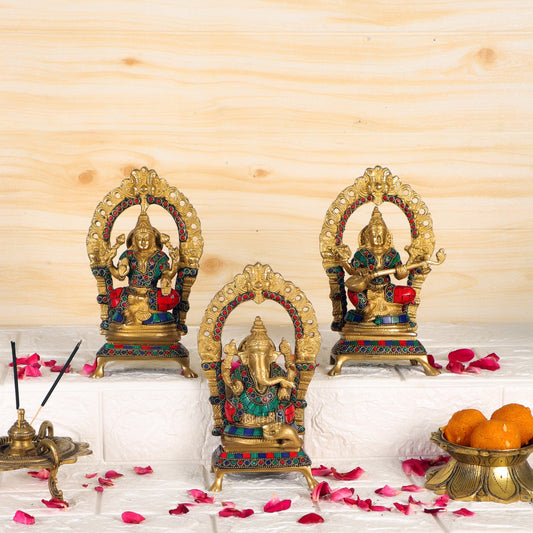 Divine Ganesha with Lakshmi and Saraswati - Handcrafted Brass Statues - 8" - Budhshiv.com
