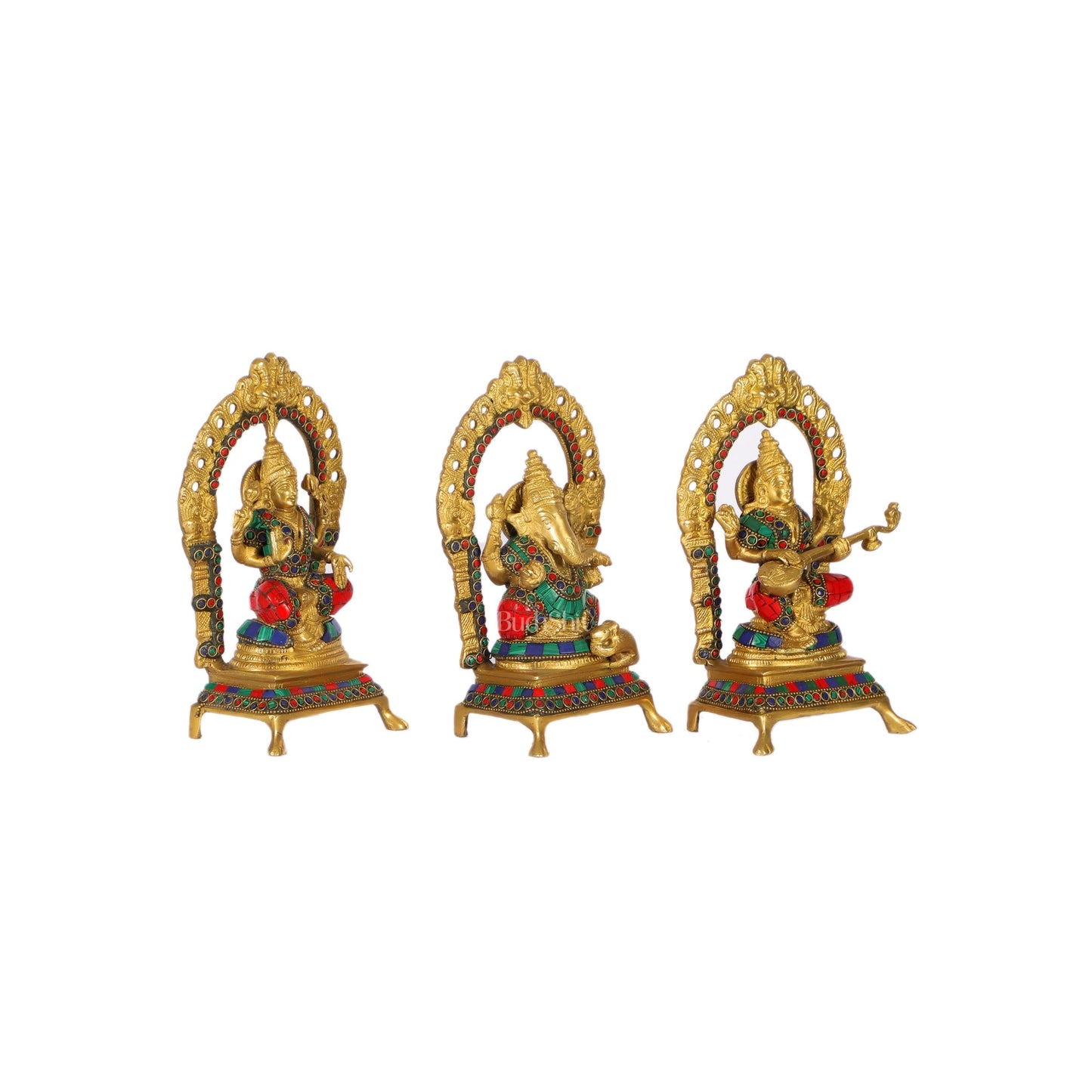 Divine Ganesha with Lakshmi and Saraswati - Handcrafted Brass Statues - 8" - Budhshiv.com