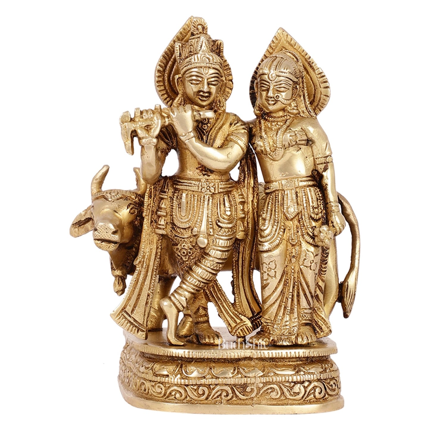 Divine Handcrafted Brass Radha Krishna with Cow Idol 7 Inch antique finish - Budhshiv.com