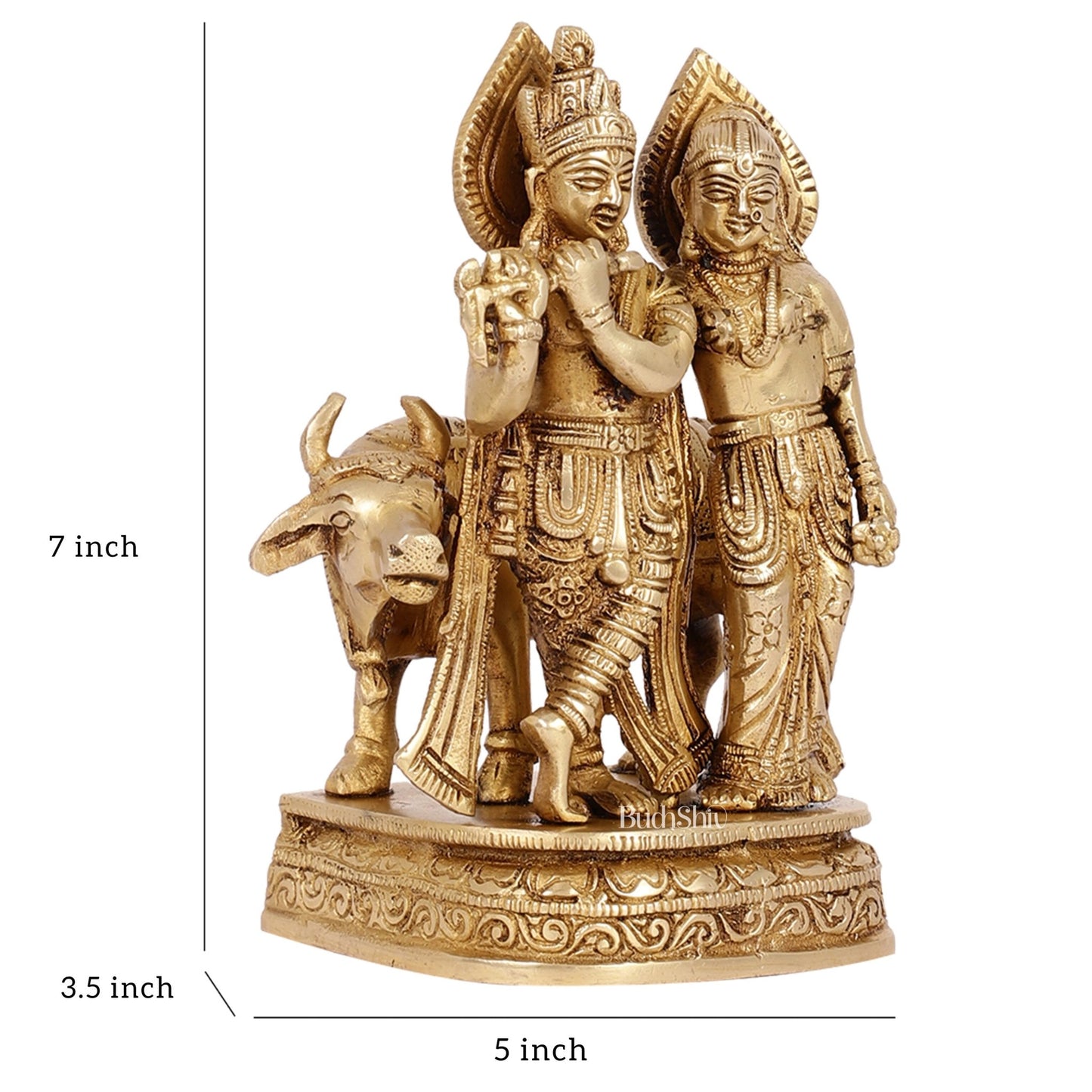 Divine Handcrafted Brass Radha Krishna with Cow Idol 7 Inch antique finish - Budhshiv.com