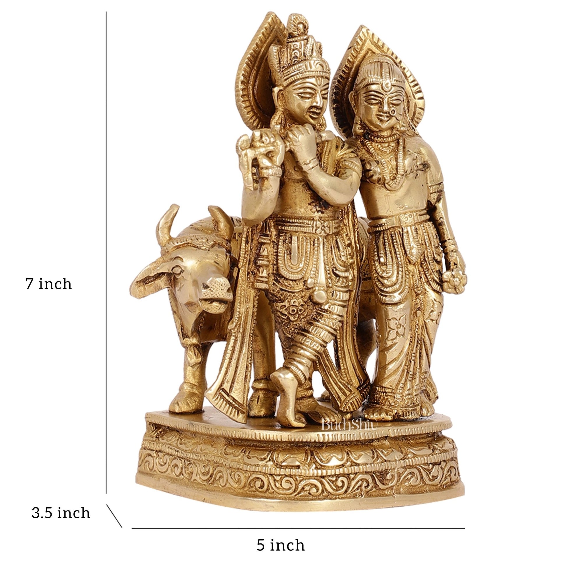 Divine Handcrafted Brass Radha Krishna with Cow Idol 7 Inch antique finish - Budhshiv.com