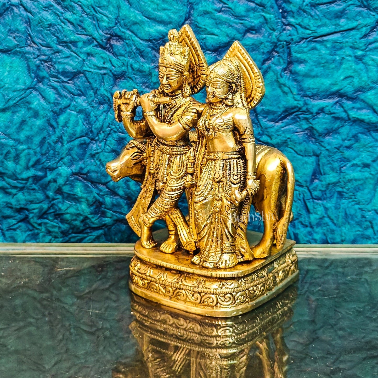 Divine Handcrafted Brass Radha Krishna with Cow Idol 7 Inch - Budhshiv.com