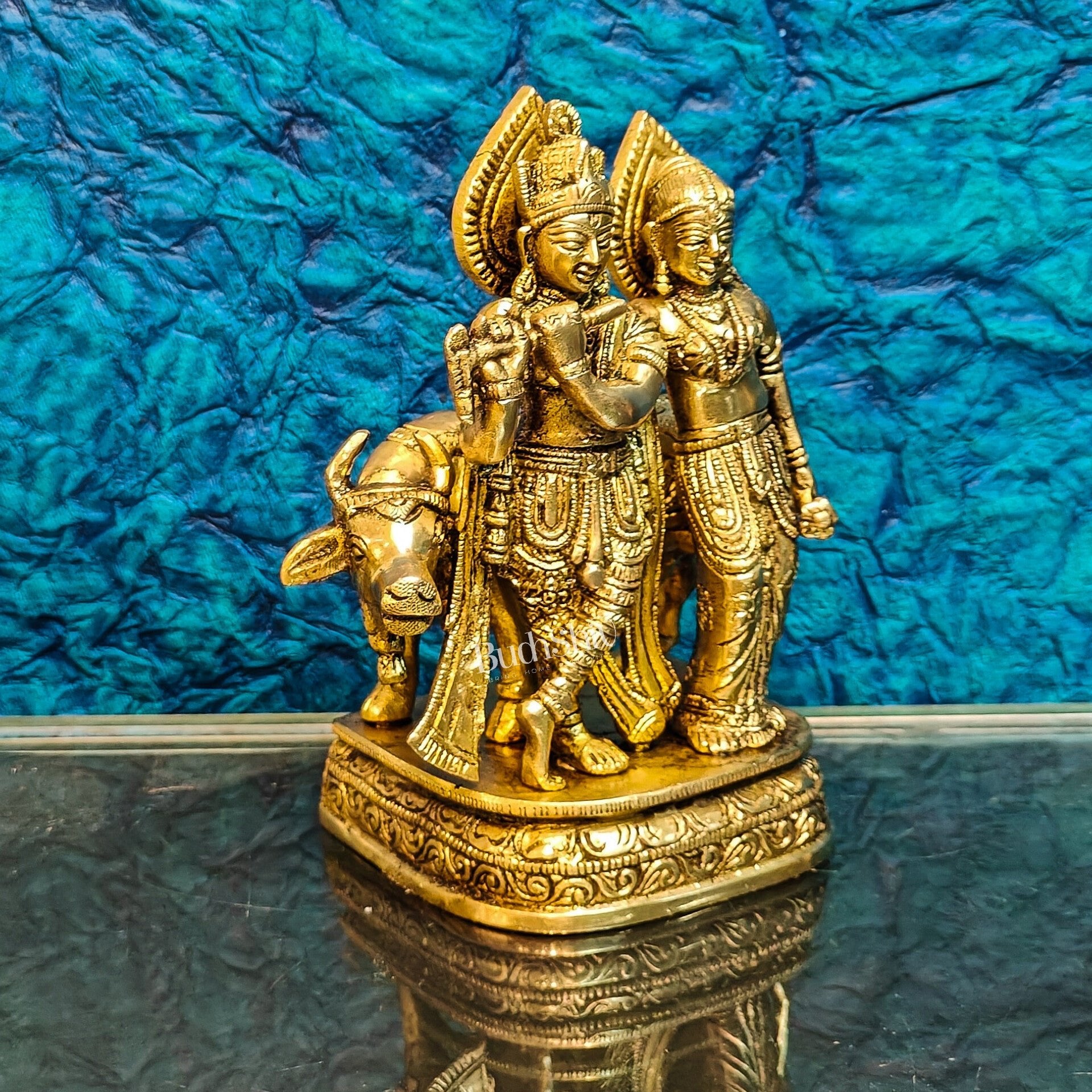 Divine Handcrafted Brass Radha Krishna with Cow Idol 7 Inch - Budhshiv.com