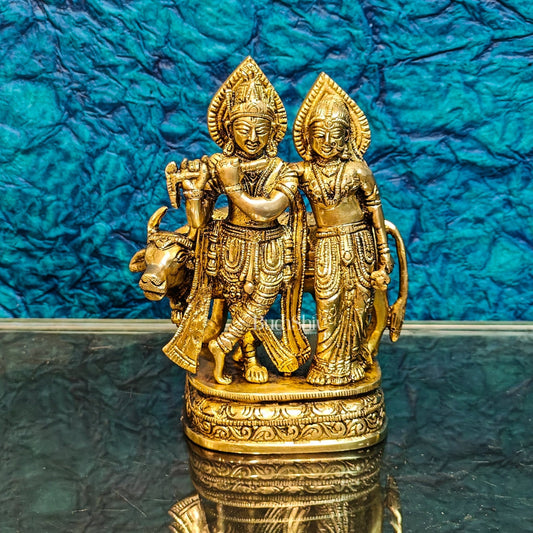 Divine Handcrafted Brass Radha Krishna with Cow Idol 7 Inch - Budhshiv.com
