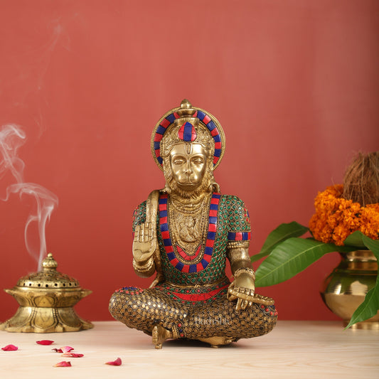 Divine Hanuman Brass Idol in Abhaya Mudra | Pure Brass with Stonework | 11" - Budhshiv.com