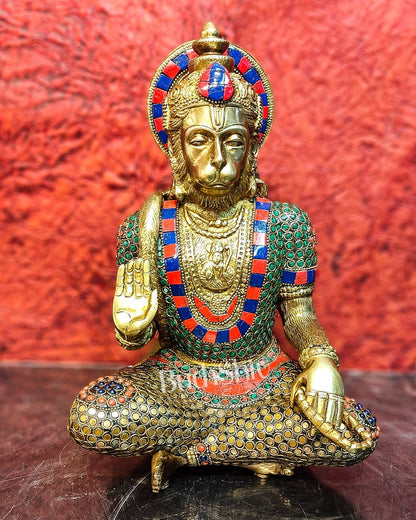 Divine Hanuman Brass Idol in Deep Meditation | Pure Brass with Stonework | 11" - Budhshiv.com