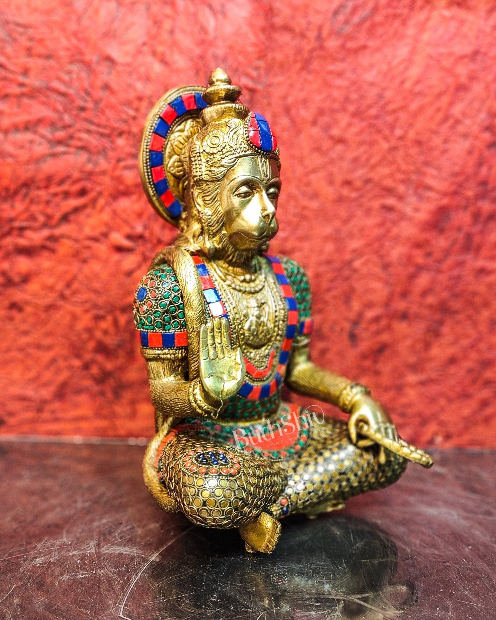 Divine Hanuman Brass Idol in Deep Meditation | Pure Brass with Stonework | 11" - Budhshiv.com
