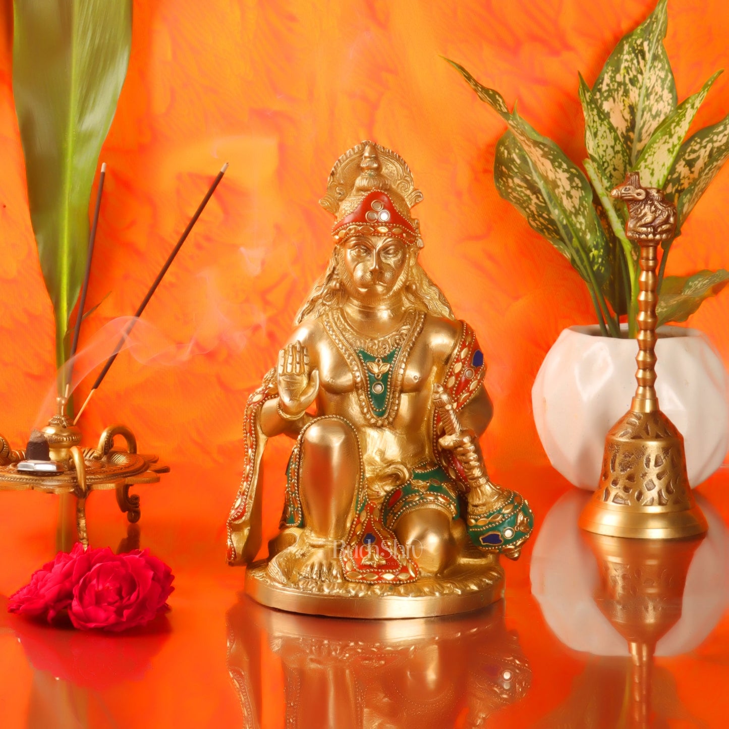 Divine Hanuman Idol in Pure Brass with Stonework 9 inch - Budhshiv.com