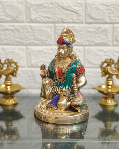 Divine Hanuman Idol in Pure Brass with Stonework 9" - Budhshiv.com