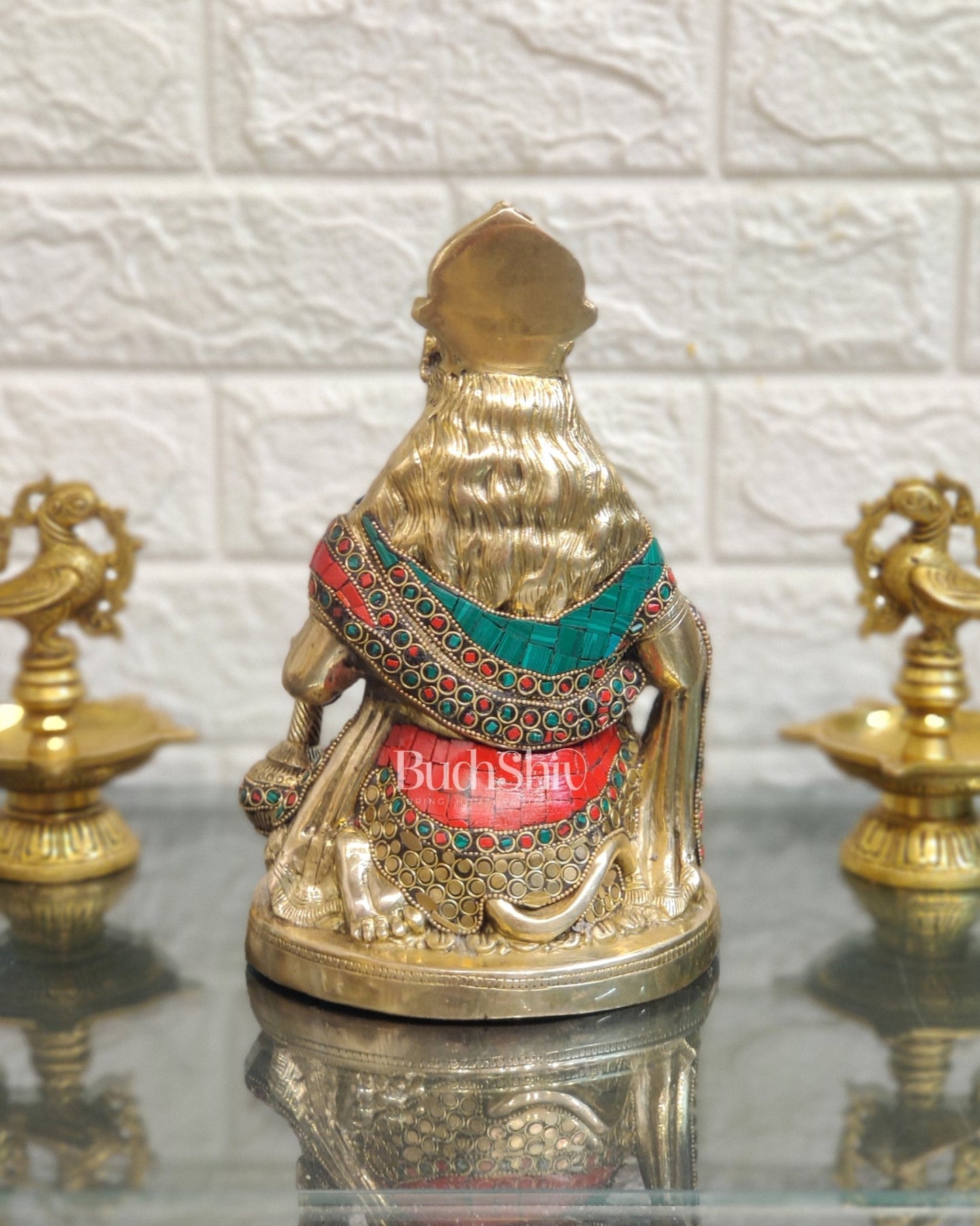 Divine Hanuman Idol in Pure Brass with Stonework 9" - Budhshiv.com