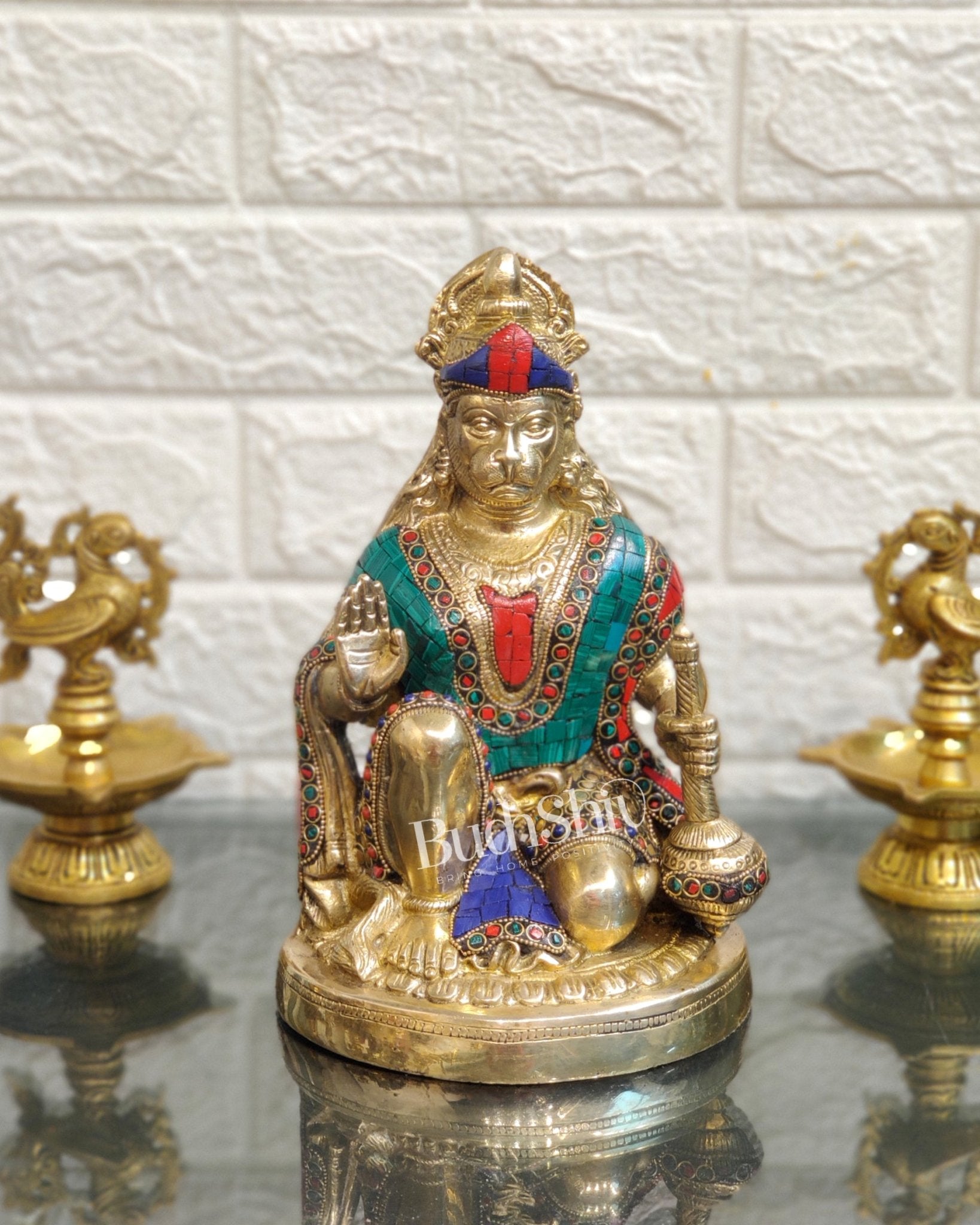 Divine Hanuman Idol in Pure Brass with Stonework 9" - Budhshiv.com