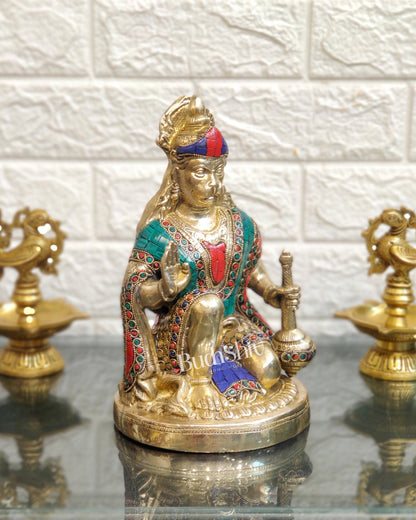 Divine Hanuman Idol in Pure Brass with Stonework 9" - Budhshiv.com