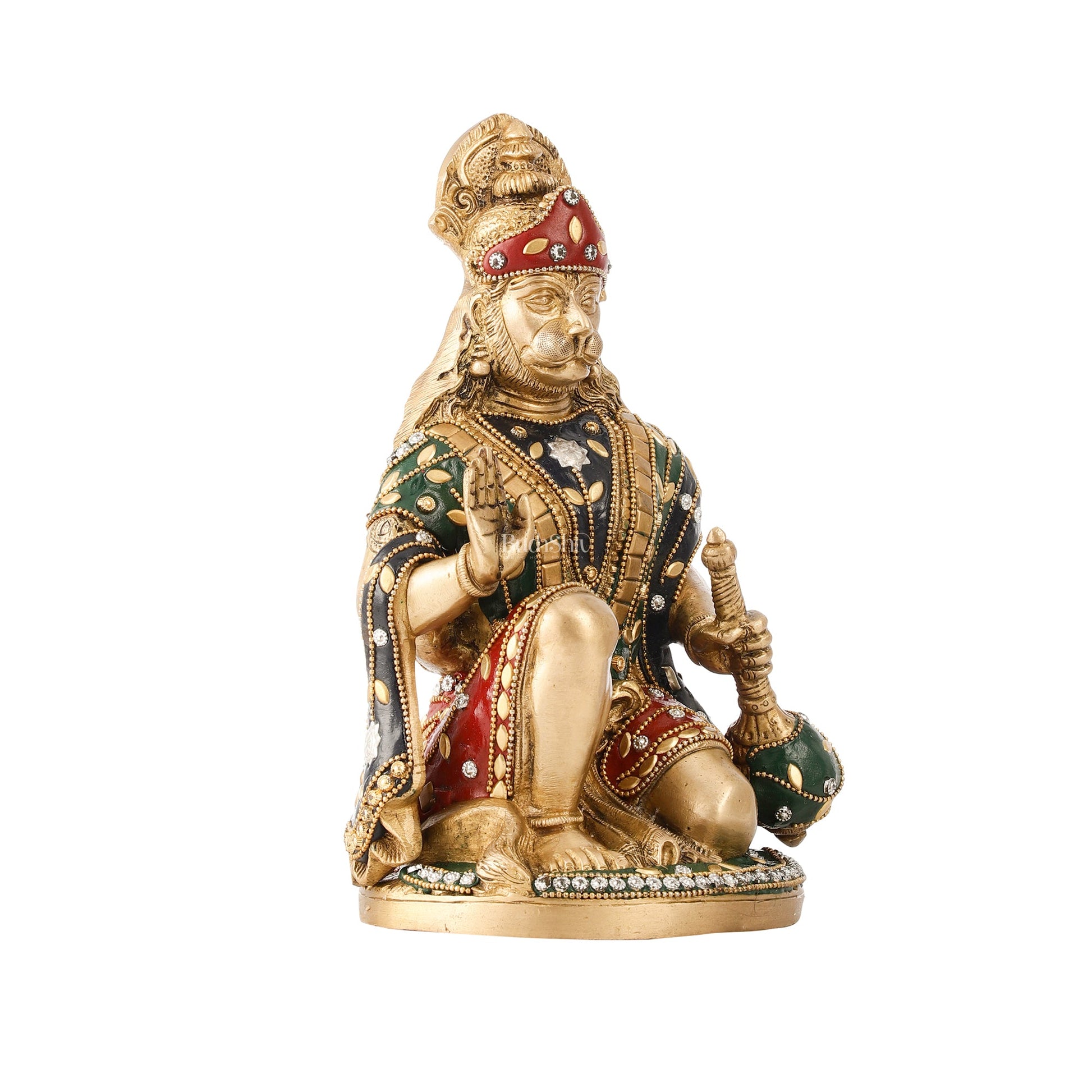 Divine Hanuman Idol in Pure Brass with Stonework 9" - Budhshiv.com