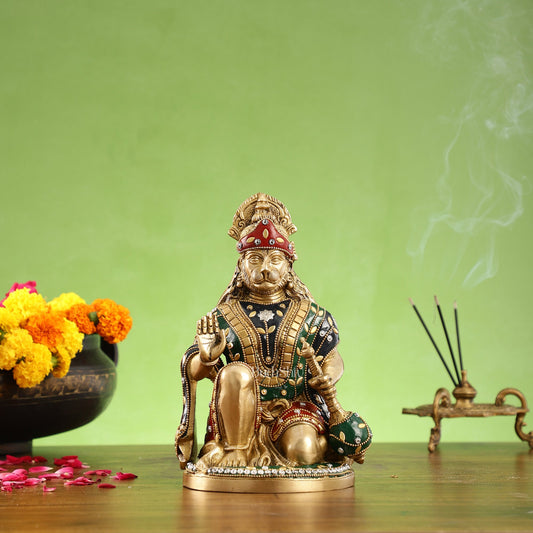 Divine Hanuman Idol in Pure Brass with Stonework 9" - Budhshiv.com