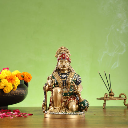 Divine Hanuman Idol in Pure Brass with Stonework 9" - Budhshiv.com