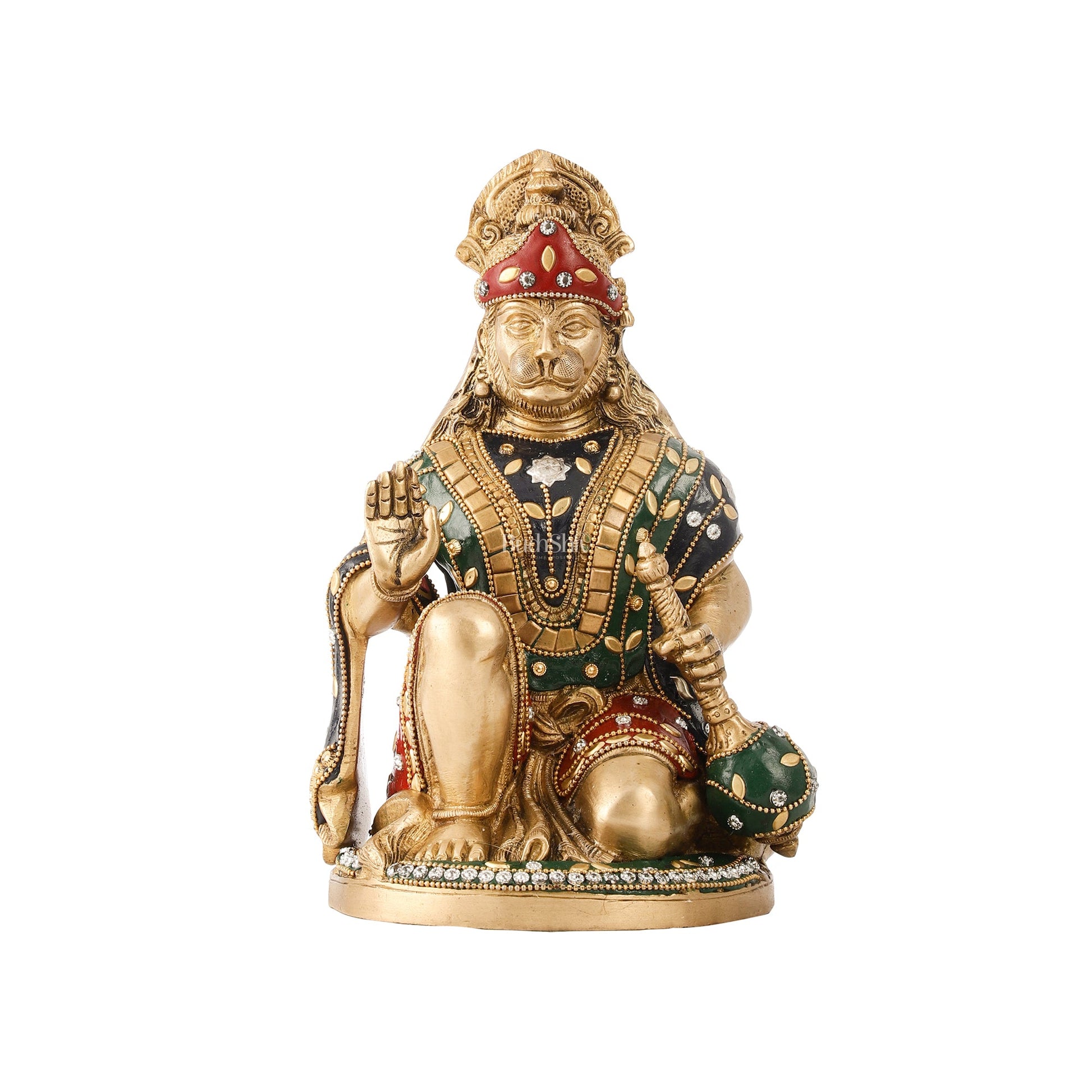 Divine Hanuman Idol in Pure Brass with Stonework 9" - Budhshiv.com