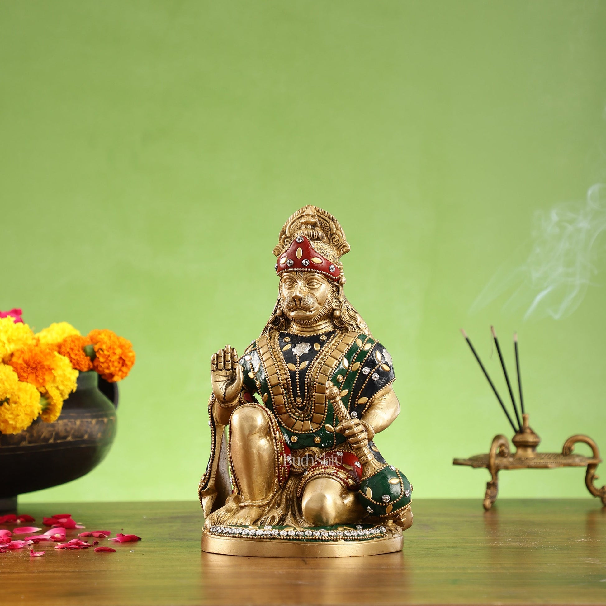 Divine Hanuman Idol in Pure Brass with Stonework 9" - Budhshiv.com