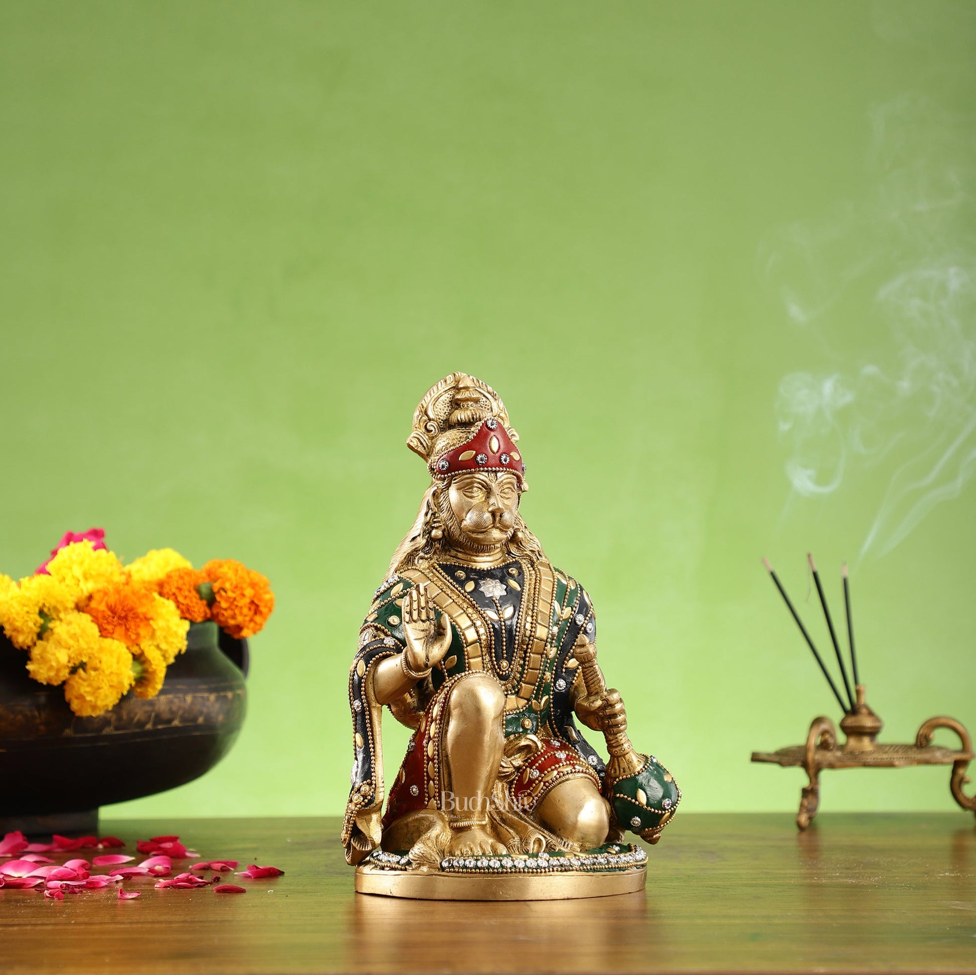 Divine Hanuman Idol in Pure Brass with Stonework 9" - Budhshiv.com