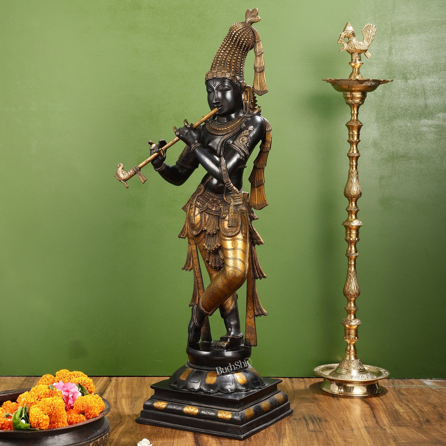 Divine Krishna Brass Idol | BudhShiv Masterpiece Unique Crown 36 inch - Budhshiv.com