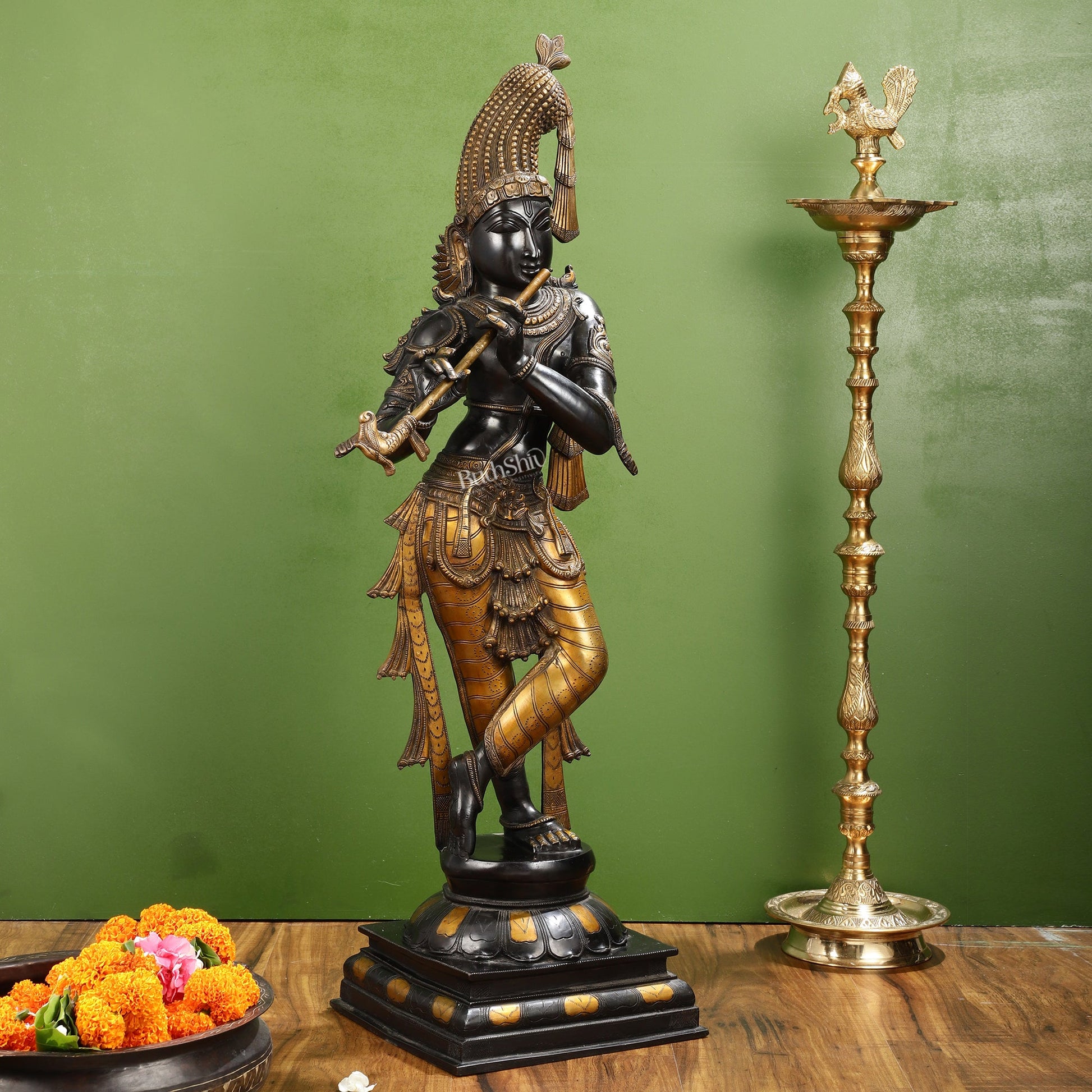 Divine Krishna Brass Idol | BudhShiv Masterpiece Unique Crown 36 inch - Budhshiv.com