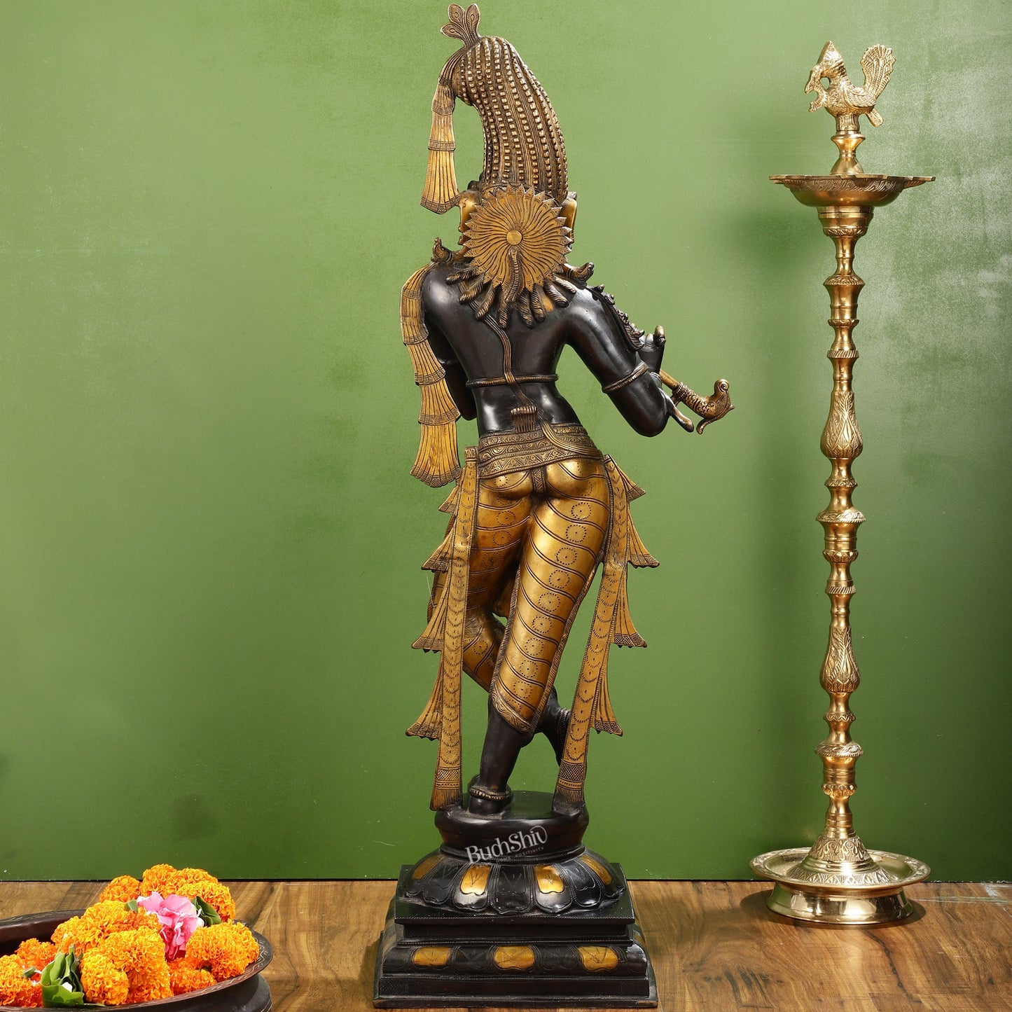 Divine Krishna Brass Idol | BudhShiv Masterpiece Unique Crown 36 inch - Budhshiv.com