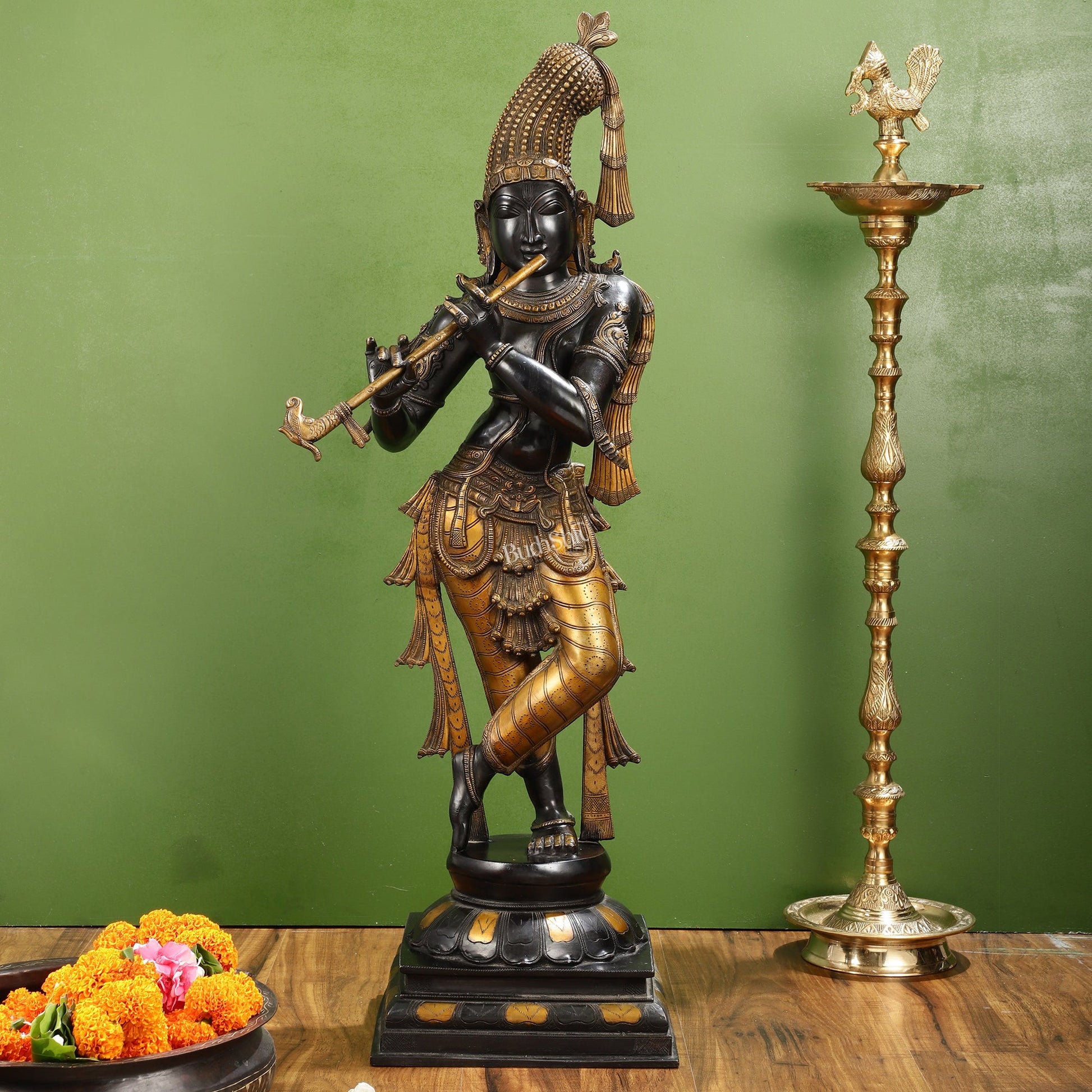 Divine Krishna Brass Idol | BudhShiv Masterpiece Unique Crown 36 inch - Budhshiv.com