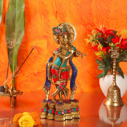 Divine Krishna Brass Idol - Handcrafted - 12 inch - Budhshiv.com