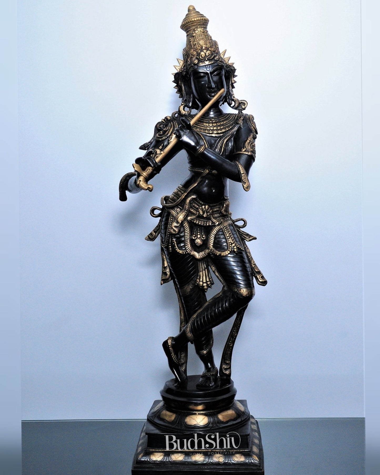 Divine Krishna Brass Statue | Superfine Brass | Black and Gold | 35 inch - Budhshiv.com