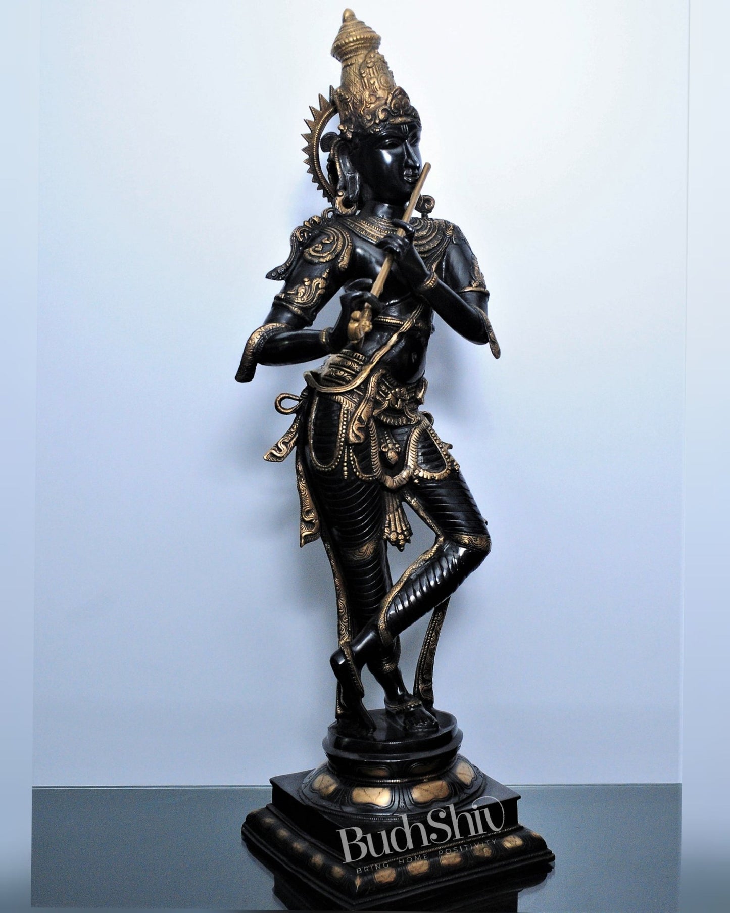 Divine Krishna Brass Statue | Superfine Brass | Black and Gold | 35 inch - Budhshiv.com