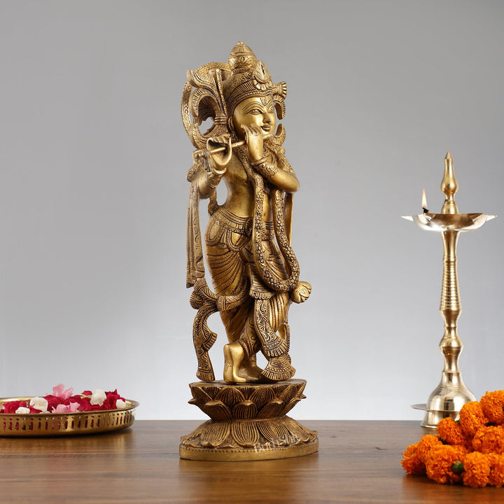 Divine Krishna Handcrafted Statue antique finish 20" - Budhshiv.com