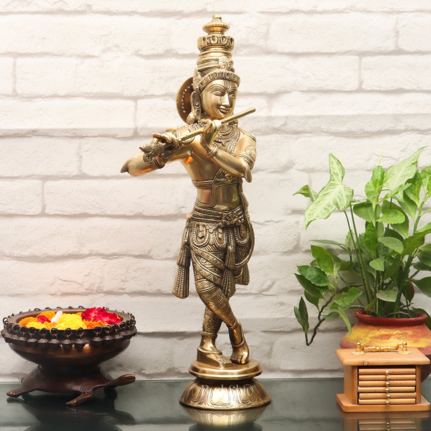 Divine Krishna Idol | Handmade in Superfine Brass 23 inches - Budhshiv.com