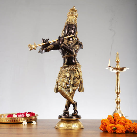 Divine Krishna Idol | Handmade in Superfine Brass| Black and Golden 2 feet - Budhshiv.com