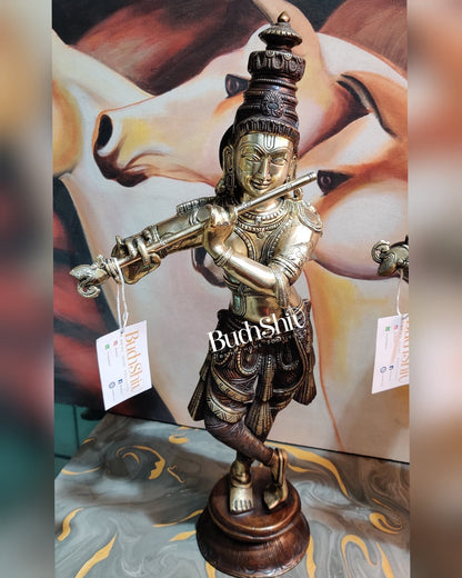 Divine Krishna Idol | Handmade in Superfine Brass | Unique Crown 23 inch - Budhshiv.com