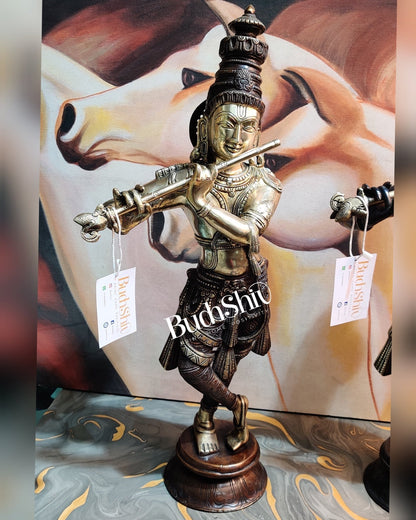 Divine Krishna Idol | Handmade in Superfine Brass | Unique Crown 23 inch - Budhshiv.com