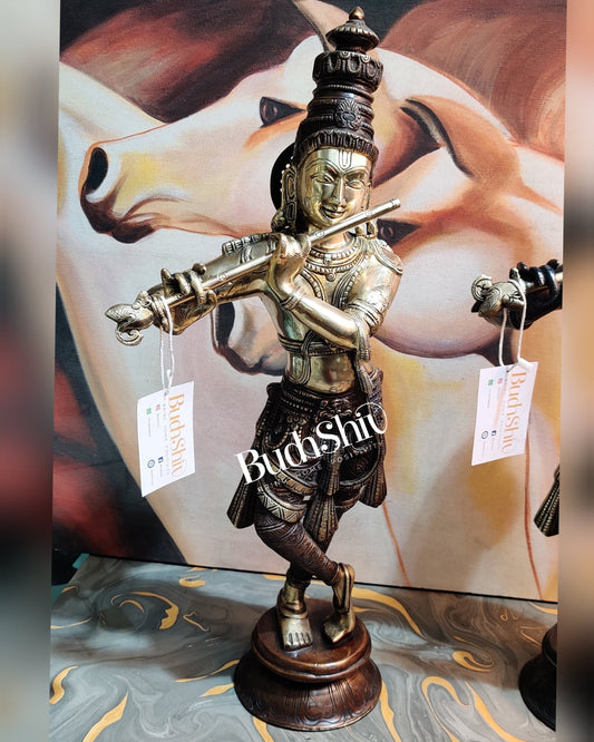 Divine Krishna Idol | Handmade in Superfine Brass | Unique Crown 23 inch - Budhshiv.com