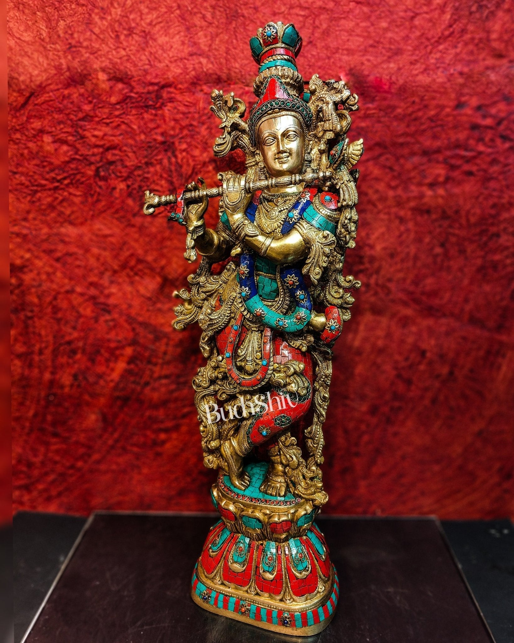 Divine Krishna Kanhaiya Brass Statue with Natural Stones | Height 29 inches - Budhshiv.com