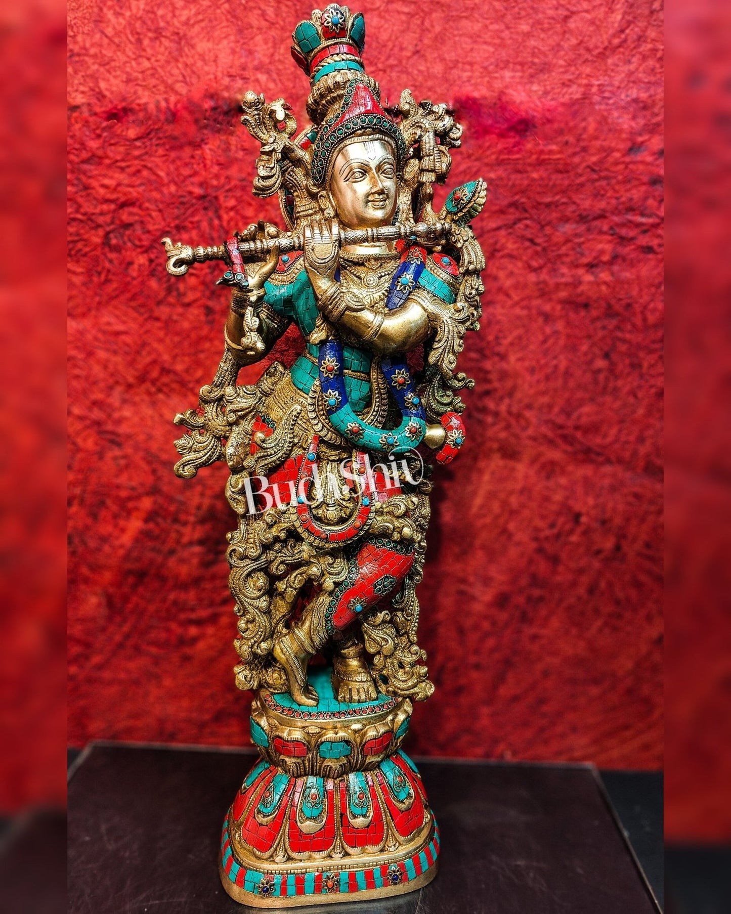 Divine Krishna Kanhaiya Brass Statue with Natural Stones | Height 29 inches - Budhshiv.com