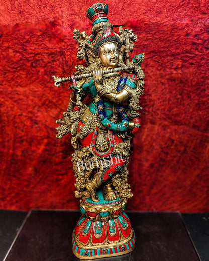 Divine Krishna Kanhaiya Brass Statue with Natural Stones | Height 29 inches - Budhshiv.com