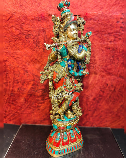 Divine Krishna Kanhaiya Brass Statue with Natural Stones | Height 29 inches - Budhshiv.com